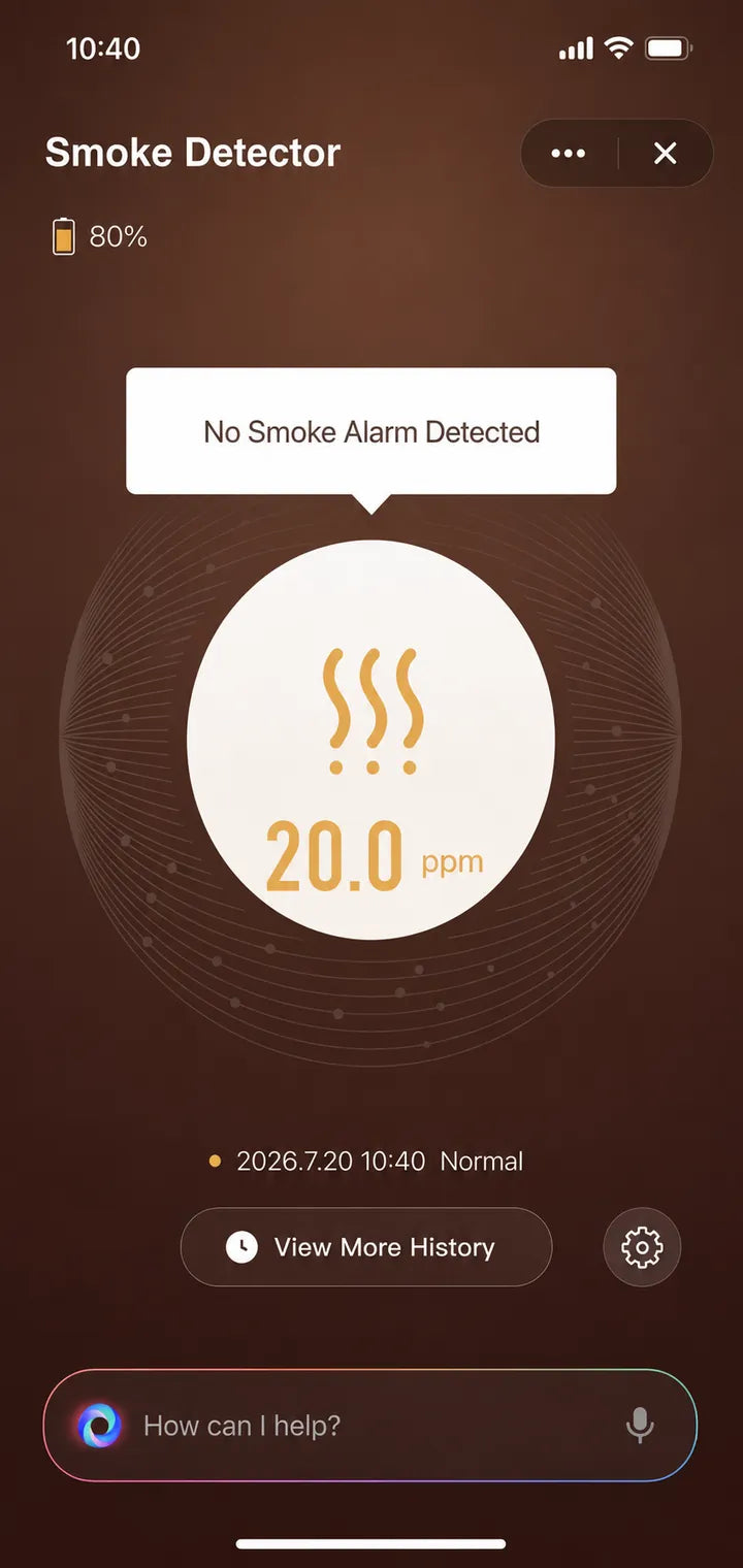 Original app: 20.0 ppm, Normal, no smoke alarm detected