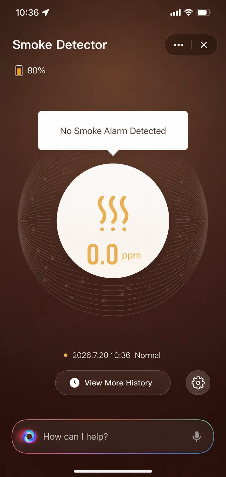 Original app: 0.0 ppm, Normal, no smoke alarm detected